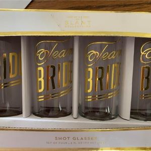17 “Team Bride” shot glasses. Never used. Clear with gold writing